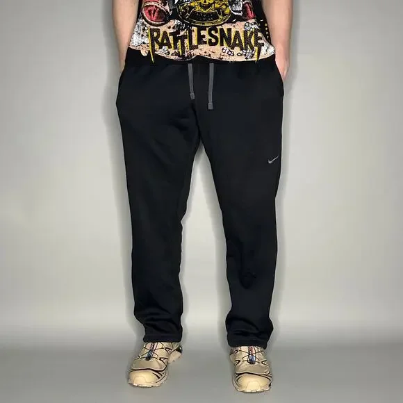 Nike Sweatpants Jet Black Polyester Grey Swoosh Baggy Wide Leg Therma Fit